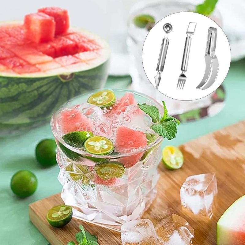 Set di 3 Utensili Professionali in Acciaio per Tagliare la Frutta Include Affettatori per Cubetti di Anguria e Cucchiaio-Forchetta per Palline di Melone