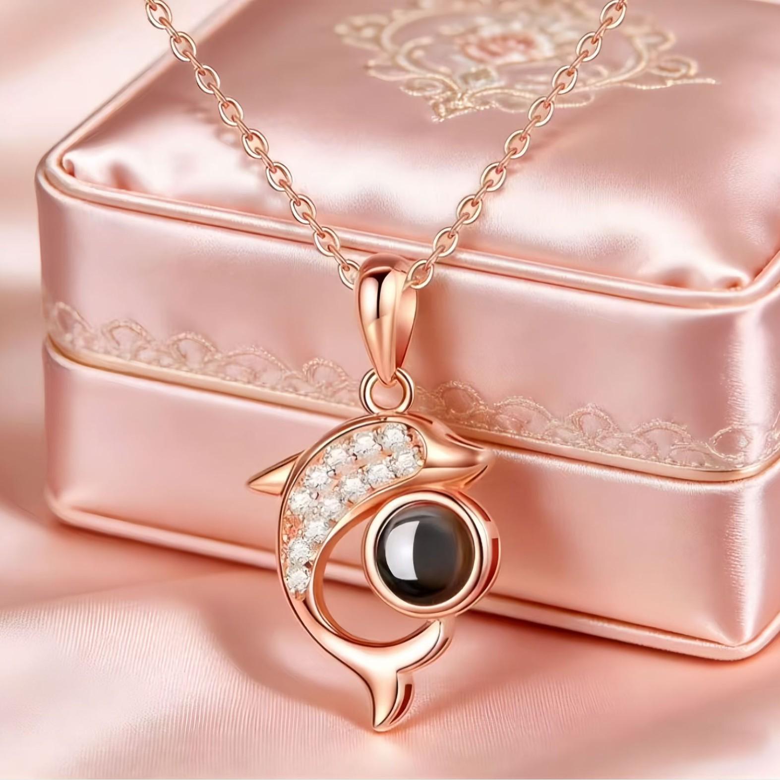 Women s Dolphin Design Micro-Projection Necklace, Colorfast, Featuring Micro-Engraved Copper Text.