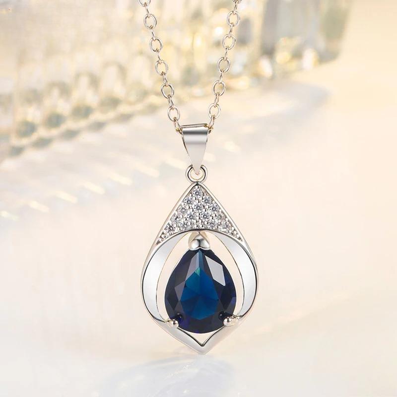 Sterling Silver Water Drop Blue Crystal Necklace Chains for Women Wedding Jewelry