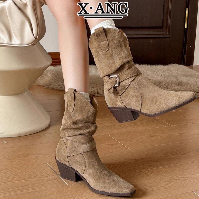 Cowhide Merad Western Cowboy Boots Pleated Pile Boots Pointed Coarse Heel Knight Boots Medium Boots Kids Martin Boots