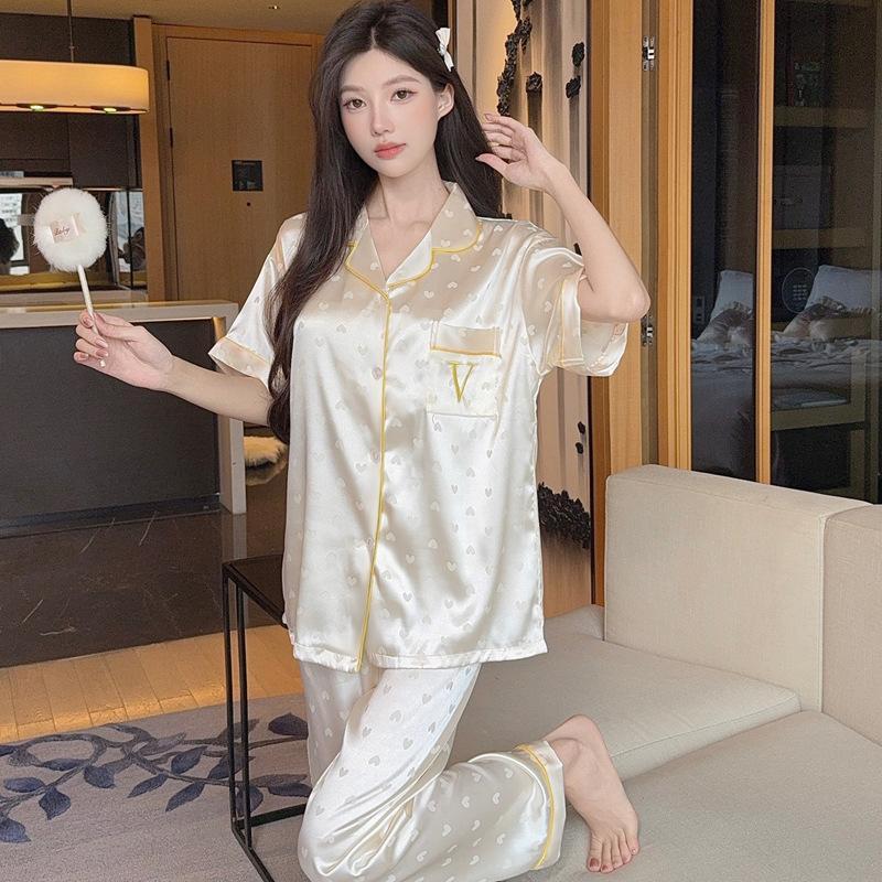Summer Girl High-End Love Short-Sleeved Trousers Pajamas Women'S Ice Silk Cool Casual Loungewear Set