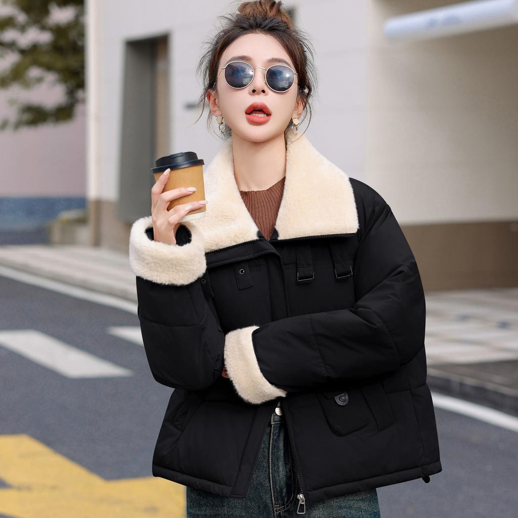 New Winter Cotton Jacket Loose Versatile Short Warm Cotton Jacket Fashionable Simple Women's Jacket Lamb Fur Collar