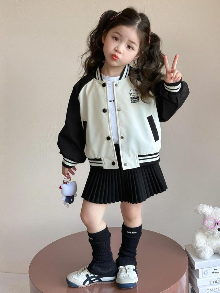 Girls' Cat-Themed Baseball Jacket - 2025 Spring/Autumn Casual Children's Top