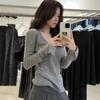 AN Maiden Korean U-neck Blue Simple Knitted Sweater Women's Spring Waist Front Shoulder Flared Sleeve Inner Top