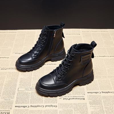 Leather Martin Boots Women's British Style Autumn and Winter New Short Boots Side Zipper Round Head Thick Heel Lace-up Trendy Boots