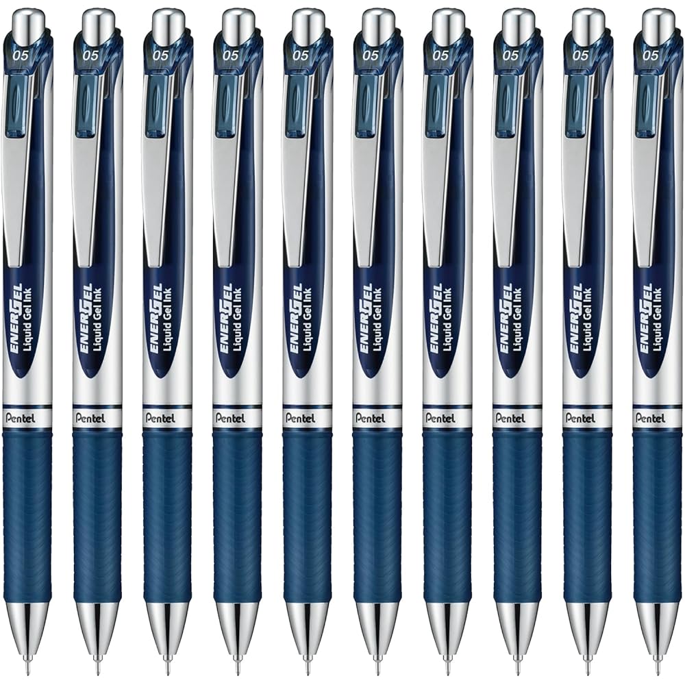 Pentel EnerGel Gel Ink Ballpoint Pen 0.5mm Silver Barrel Blue Black Pack of 10