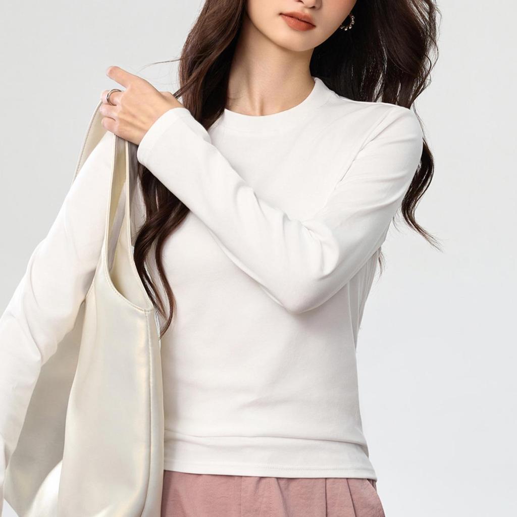 Damski Luźny Bawełniany T-shirt z Długim Rękawem w Kolorze Różowym, Półwysoki Okrągły Dekolt