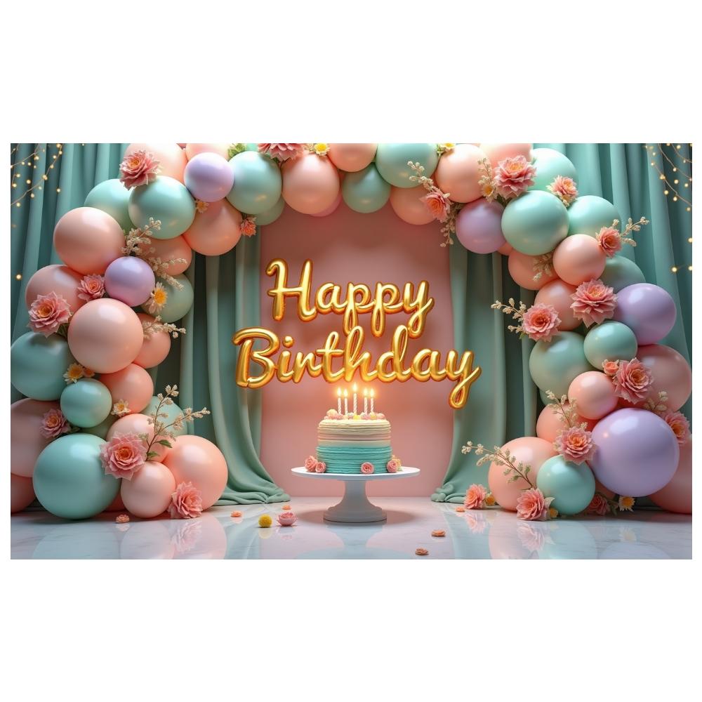 Balloons Happy Birthday Banner Golden Letters Birthday Party Backdrop Floral Decorations Cake Celebration for Indoor Eve