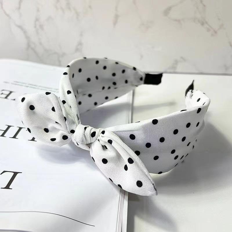 Solid Color Fabric Polka Dot Bow Head Scarf Wire Headband For Temperament Wide Headband Fashion Girl'S Makeup Hairband