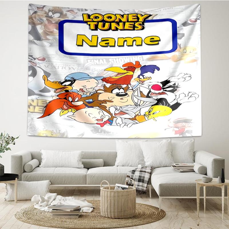 Custom Name Looney Tunes Print Tapestry, Backdrop, Easy Setup, Ideal for Bedroom, Office & Living Room, with Aesthetic Wall Hanging Decor.