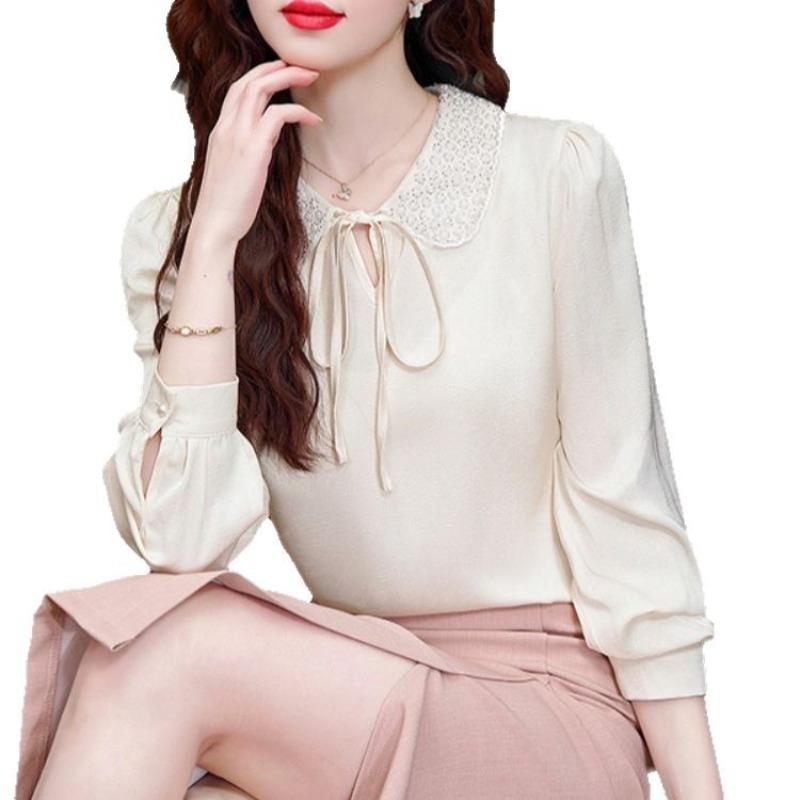 Fashion Doll Collar Beaded Shirt Women's Early Spring Temperament Age-reducing Chic Long Top