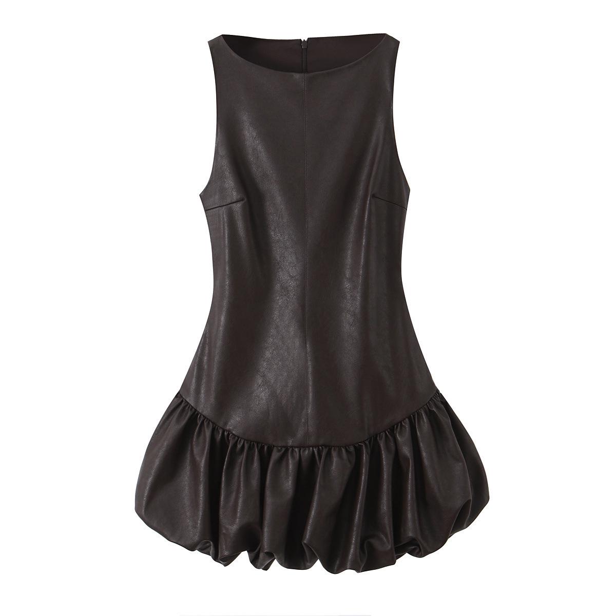 2025 Autumn/Winter European Women s Leather Sleeveless Dress with Waist-Cinching Design S