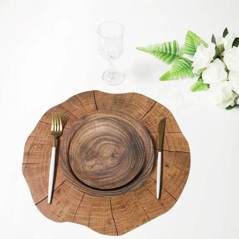 10pcs Round Disposable Dish Vintage Paper Food Tray Imitation Wood Grain Disposable Plate  Picnic