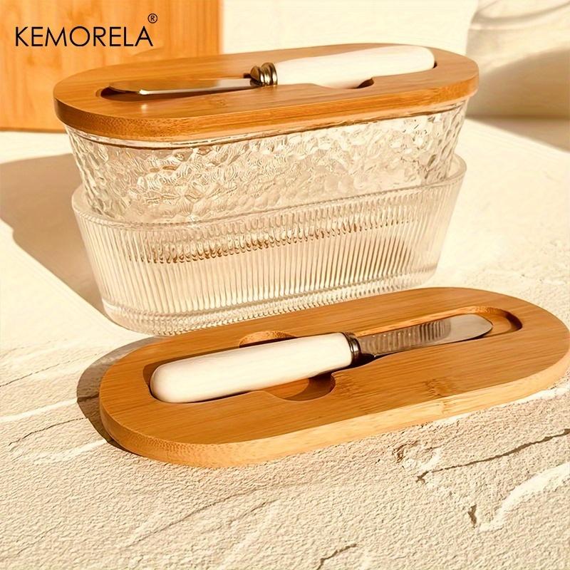 1 PZ Vaschetta Portaburro in Vetro con Coperchio Ermetico - Design Elegante & Dorato, Vassoio Resistente per Bancone & Frigorifero per Marmellata, Formaggio