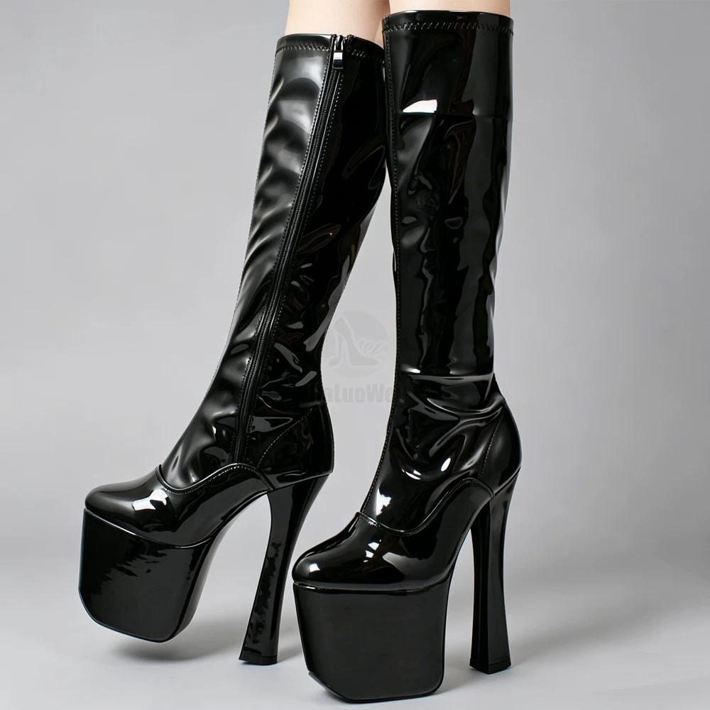 20cm Extreme High Heel Boots Thick Chunky Heels Platform Women Zipper Knee-High Long Boots -Exotic,Fetish,Sexy,Shoes