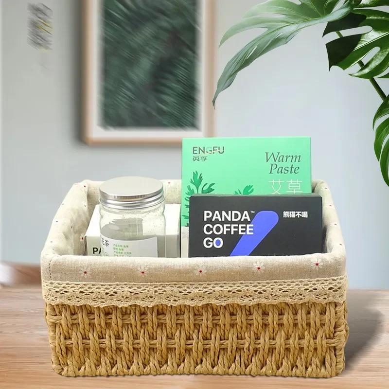 Imitation Straw Woven Tabletop Cosmetics Storage Box Vine Woven Pastoral Jewelry Storage Basket Storage Basket