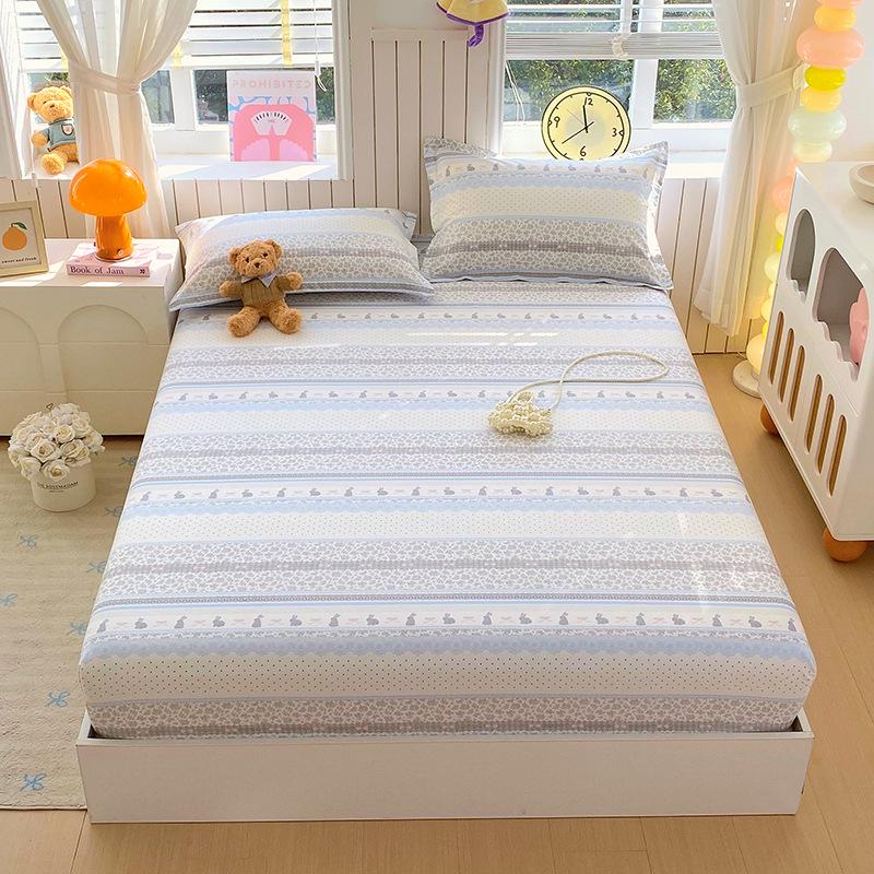 Pure Cotton Printed Single Bed Sheet Set - Fitted Sheet, Protective Cover, Pad Cover (3 Pieces)