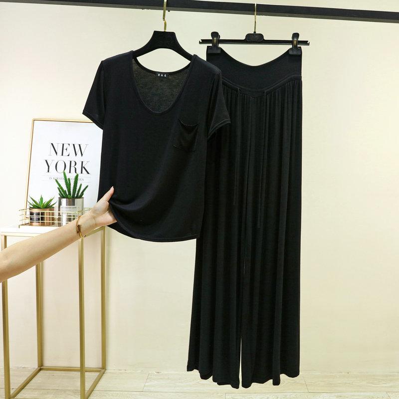 

Размеры от M до 6XL Комплекты пижам из модала Карманная футболка с коротким рукавом и брюки с высокой талией и широкими штанинами Комплект для отдыха Одежда для сна Повседневный комплект из 2 предметов для дома M