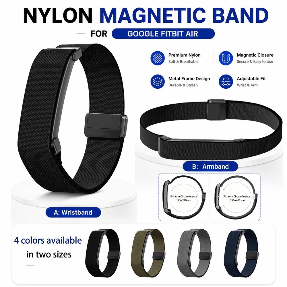 2pz Combo Cinturino in Nylon Magnetico per Google Fitbit Air Cinturino da Polso + Fascia da Braccio Set Telaio Metallico Integrato Cinturino Sportivo Morbido Traspirante