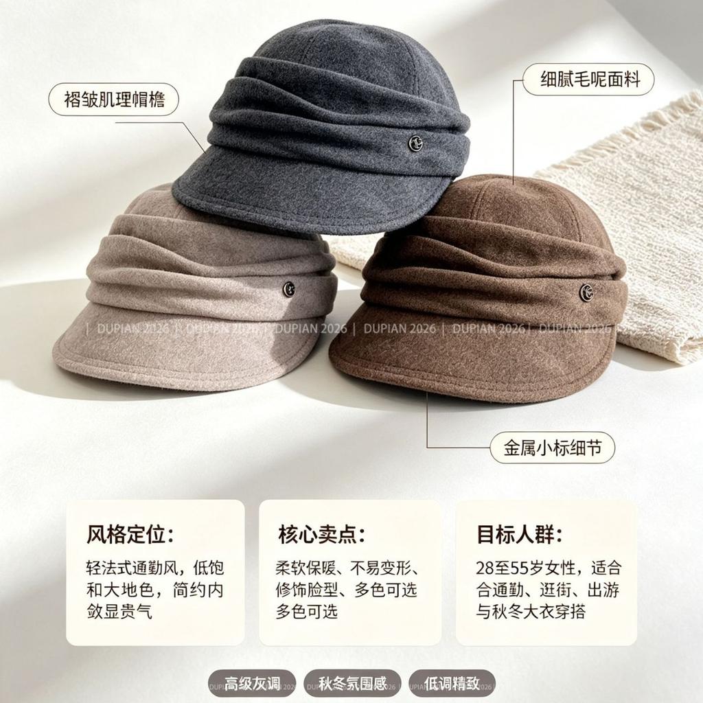 Literary Pleated Equestrian Hat Women's Autumn and Winter Light Luxury Newsboy Hat Soft Woolen Cap Thermal Hat Tide