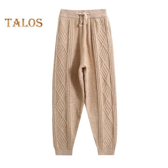 Women Harem Pants Elastic High Waist Adjustable Drawstring Knitting Pants Solid Color Loose Fit Rhombus Texture Long Trousers