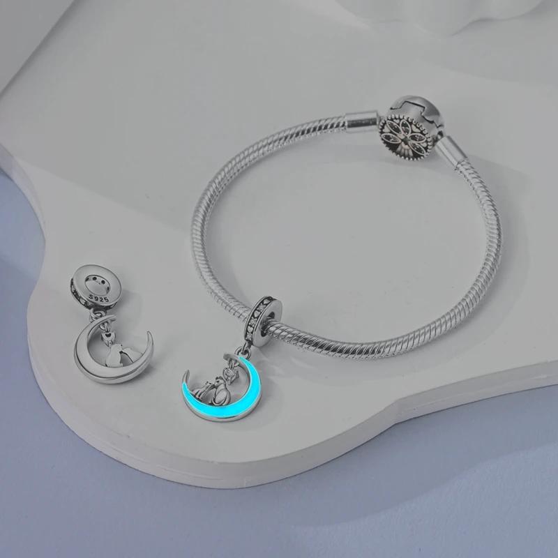 Charms Plaqué Cuivre Rêveur Lumineux Bleu Lune Chat Pendentifs Convient Bracelet Original Perles Bijoux Femme Fabrication Diy