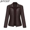 BITCED Fashion Women's Leather Jacket, Short Leather Jacket, Knitted Patchwork Stretch Coat