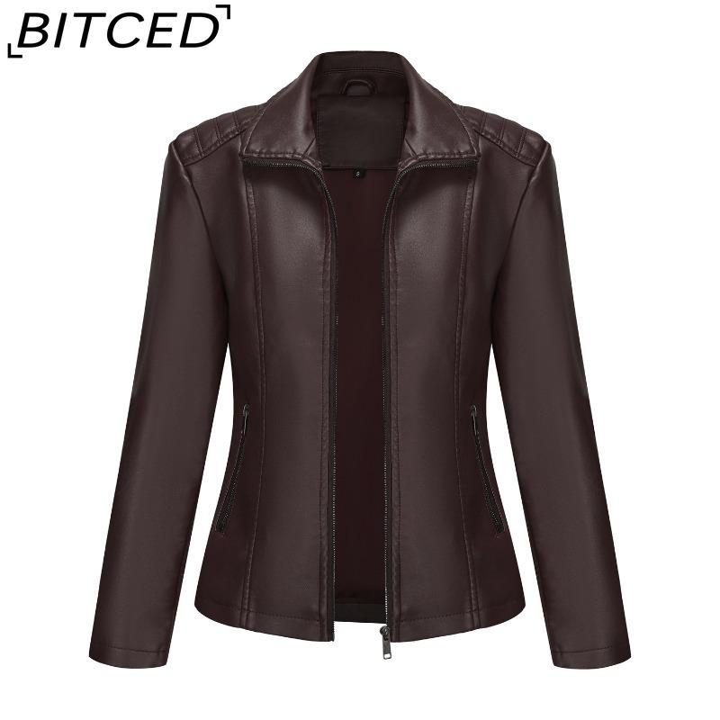 BITCED Fashion Women's Leather Jacket, Short Leather Jacket, Knitted Patchwork Stretch Coat