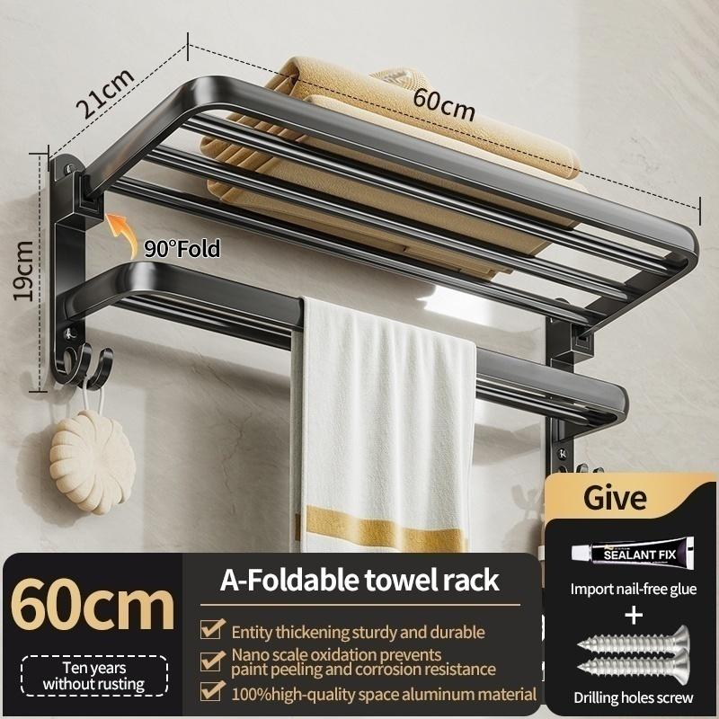 No Drill Bathroom Hardware Towel Rack Black 50CM-60CM Folding Aluminum Towel Rack Holder With Hook Towel Holder Tissue Holder