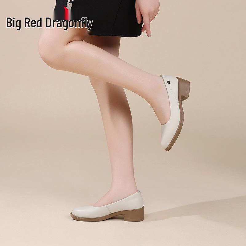 Red Dragonfly Spring 2026 Genuine Leather Women's Chunky Heel Loafers - Slip-on High Heel Work Shoes for Mothers