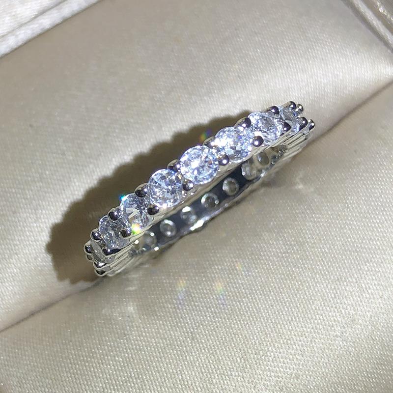 New Fashion Single Row Full Diamond Claw Set Ring Women  Stamp Bling Bling Round Zirconia Party Wedding Jewelry Gift