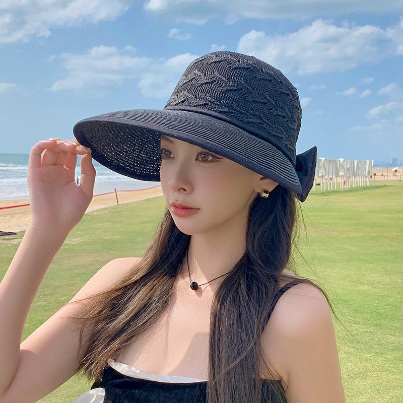 

RICYGVM Ribbon Bow Straw Hat For Women Summer Breathable Mesh Sunshade Visors Korean Girl Beach Travel Large Brim Fisherman Cap One Size чорний