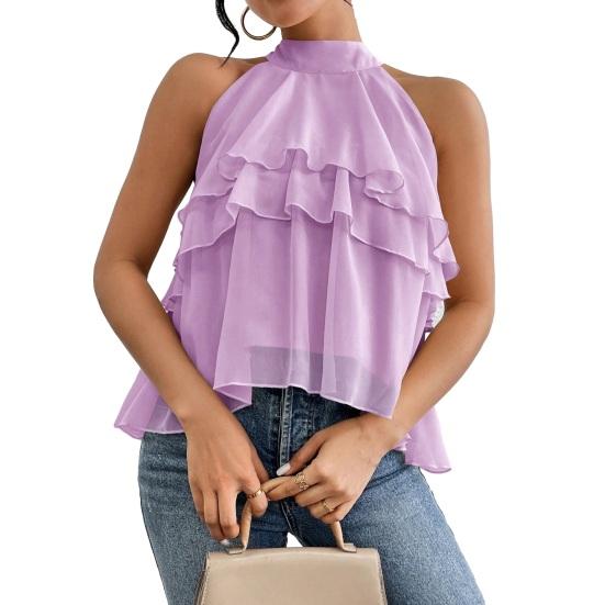Women Tops Halter Neck Sleeveless Solid Color Pullover Tops Multi Layer Ruffle Hem Commuting Style Short Tops