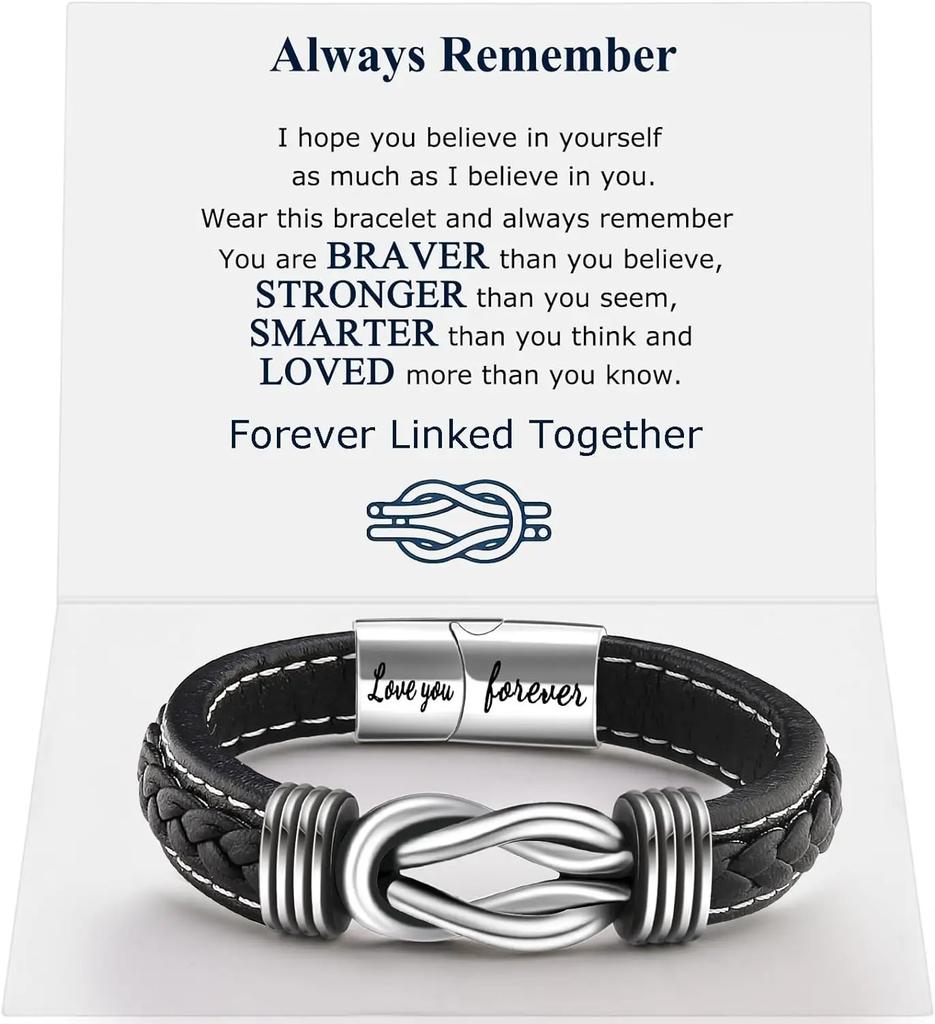 Bracelet en Cuir Nœud Infini pour Homme Anniversaire Noël Anniversaire Hommes Liés Ensemble pour Toujours Bracelet Manchette Tressé pour Fils