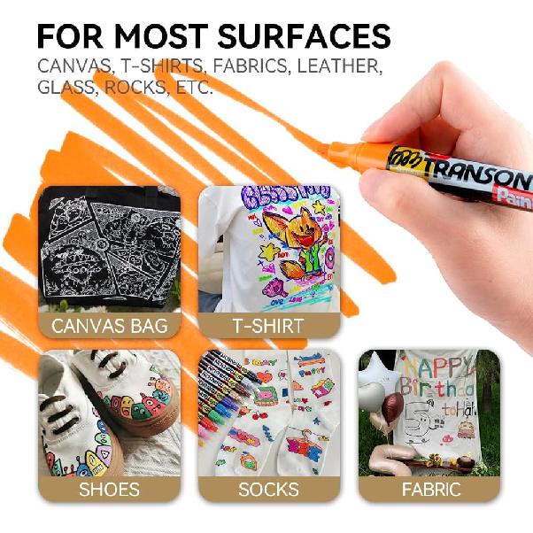 TRANSON 12 Colors Permanent Fabric Markers Oil Based Waterproof for Rocks Crafts Diy Painting Medium Tip