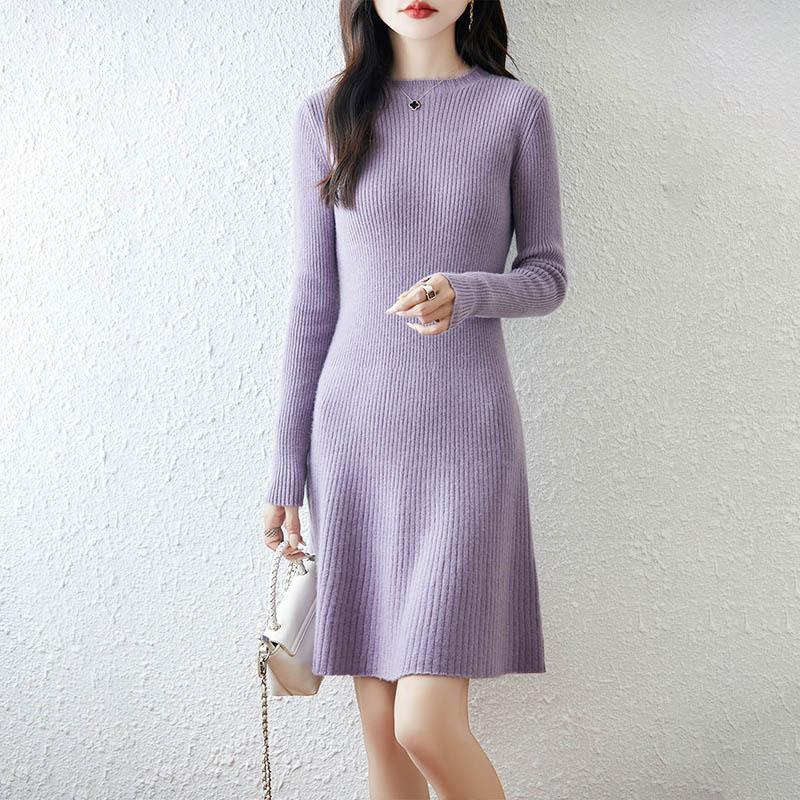 Women Sweater Dress 100% Wool TIDENOVEL O-neck Knit Long Pullover Winter Jumpers Wool Long Dress Female
