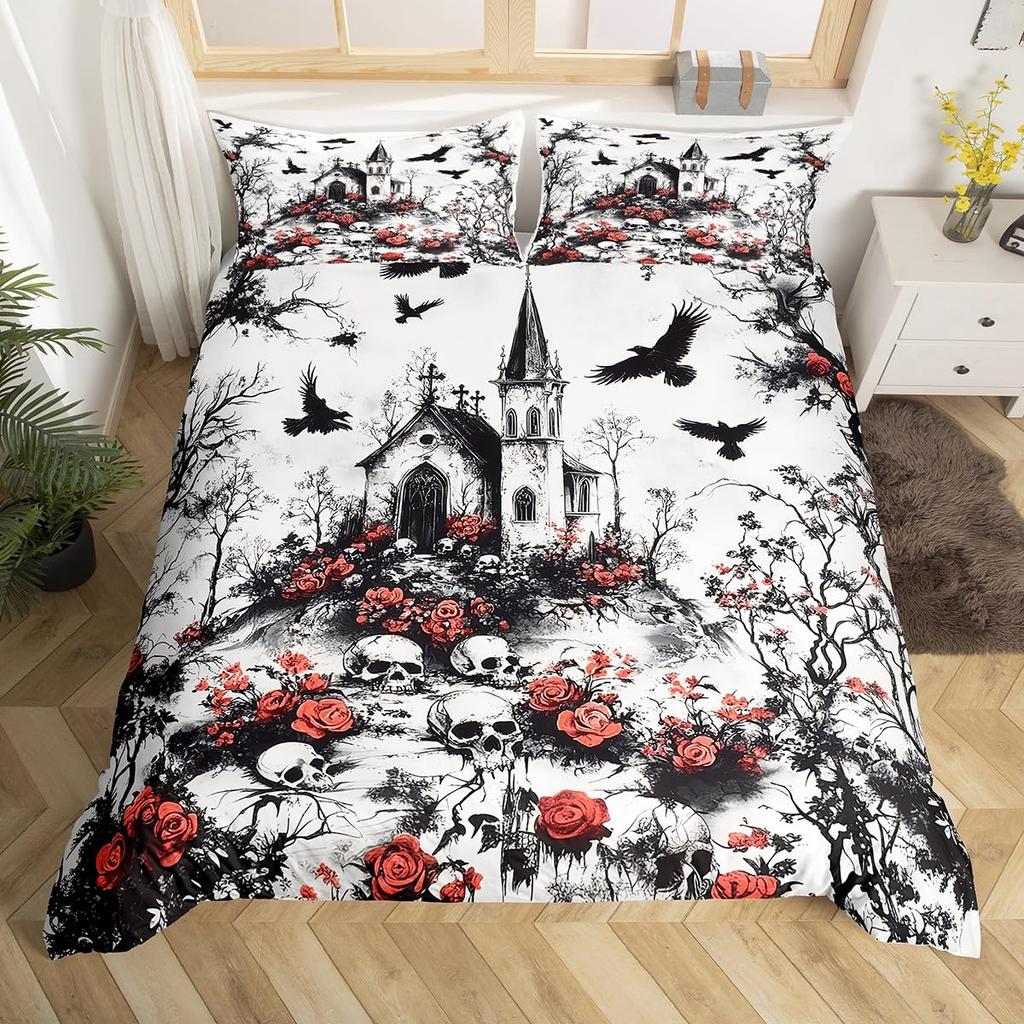 Halloween Twin Duvet Cover Spooky Ghost Pumpkin Bat Bedding Set Horror Castle Funny Halloween Comforter Cover for Kids Adults