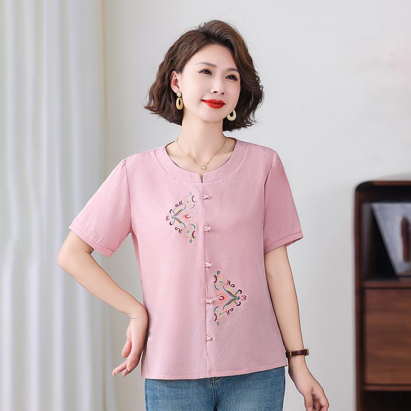 

Summer 2025 Pink Embroidered T-Shirt for Middle-aged Women 4XL for 135-145 jin красный