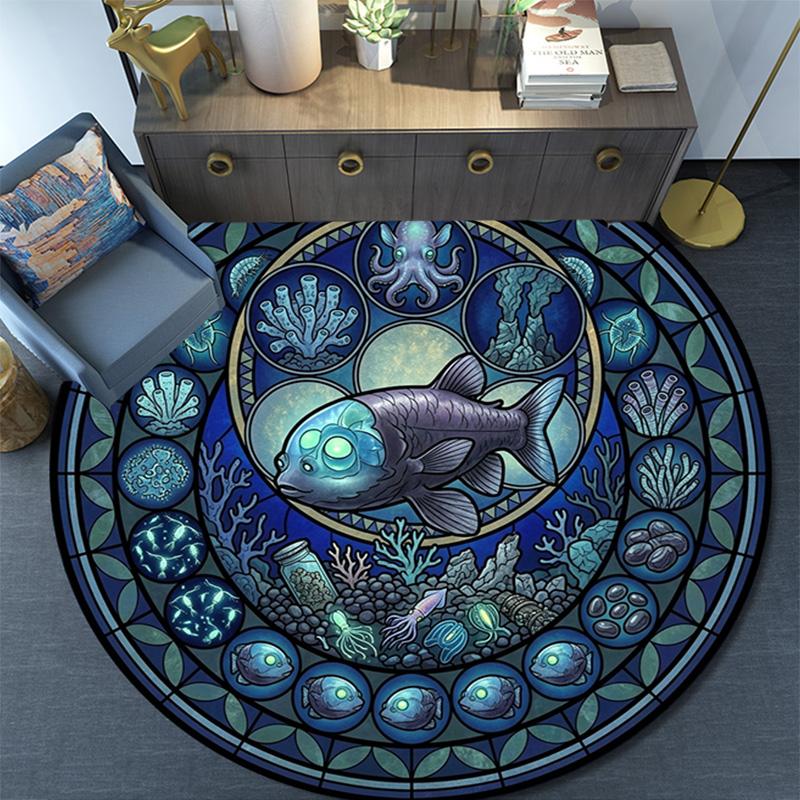 Ocean Life Glass Round Area Rug Under Office Chairs Bedroom Living Room Home Decor