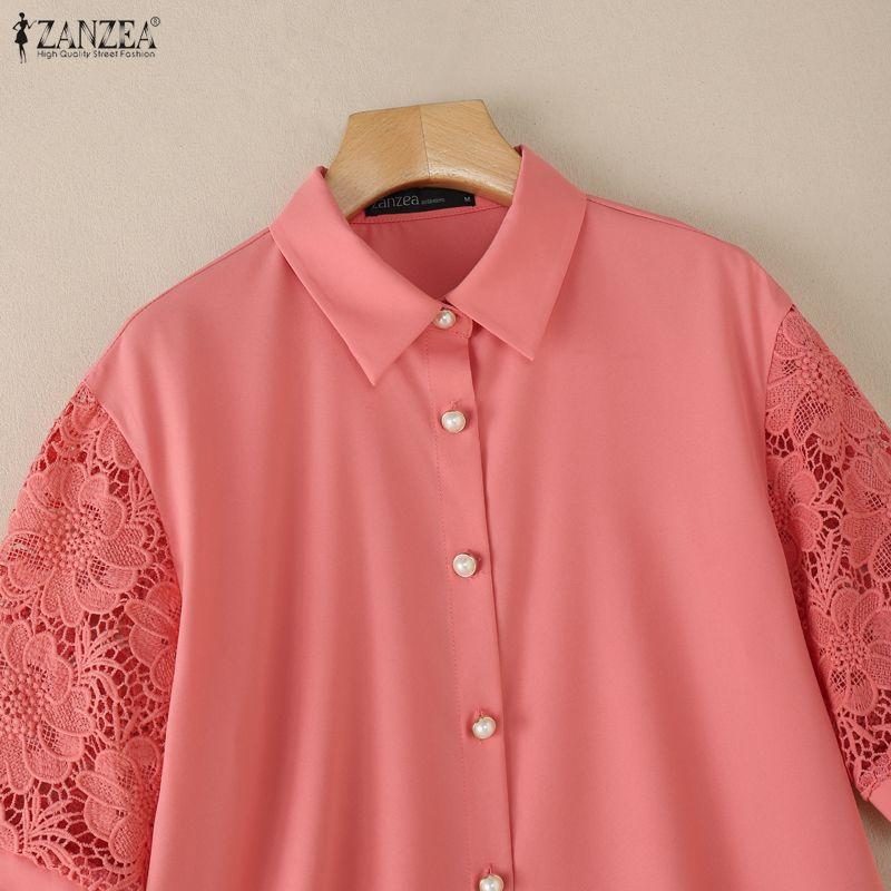 ZANZEA Women Casual Turn Down Collar Lace Splice Half Sleeve Blouse