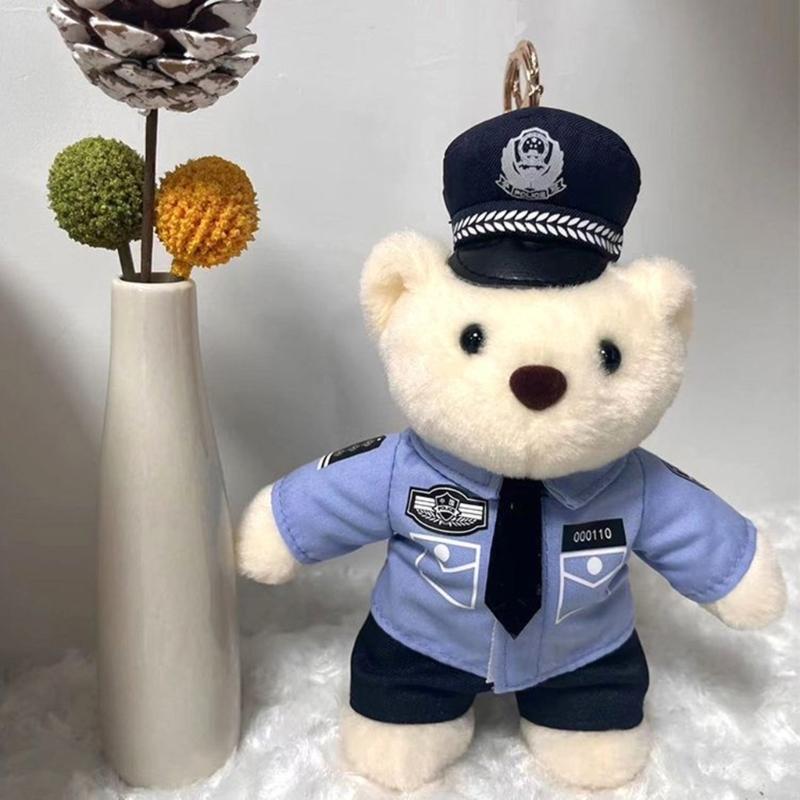 Plush Bear Charm Keychain Lovely Animal Police Backpack Handbag Charm Pendant