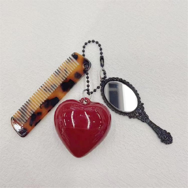 Leopard Print Comb Pendant Keychain Mirror and Heart Charm Keyring Daily Use Bag Pendant Beauty Tool Unique Gift