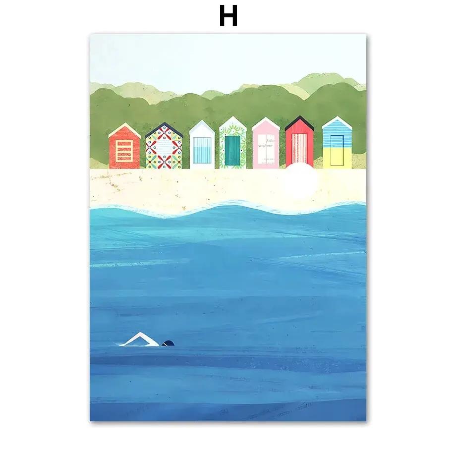 Ocean Beach Palme Surfbrett Möwe Leinwandmalerei - Reiseplakate und Drucke für Wohnzimmerdekor