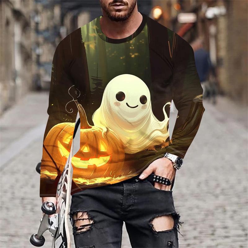 Autumn Round Neck Halloween Ghost and Pumpkin Pattern 3D Printed Top Fashionable Casual Long Sleeved Men's T-shirts
