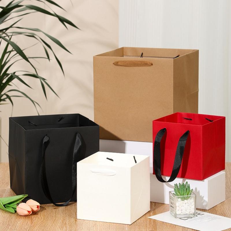 Kraft Paper Square Gift Bag with Handles Reusable Packaging Bags for Small Shopping Wedding Birthday Party Flower Bags Square Cake Tote Sacks 10pcs