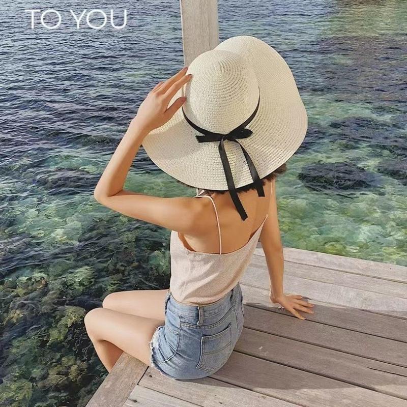 1Pc Wide Brim Summer Straw Hats Foldable Bow Design Foldable Beach Sun HatS for Women Korean Style Seaside Travel Accessory
