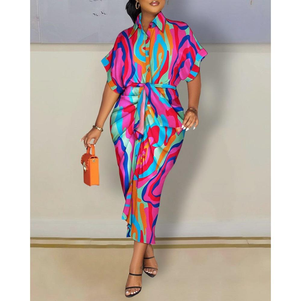 IHUASU Autumn Long Sleeve V-neck Button-up Print Shirt Dress Long Skirt Women