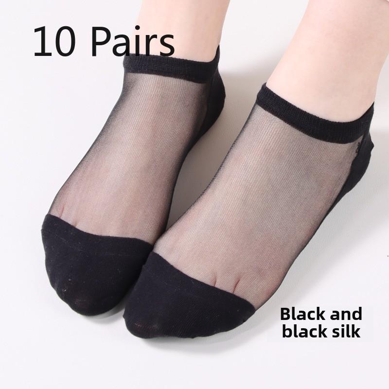 10 Pairs Socks for Women Spring Summer Thin Draw Pattern Glass Silk Boat Socks Light Breathable Crystal Silk Boat Socks for Women