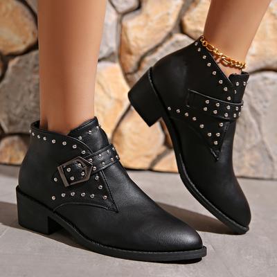 Fashion Rivet Motorcycle Boots for Women Retro Pointed Toe Thick Heeled Black Ankle Boots Woman Autumn Winter PU Leather Booties
