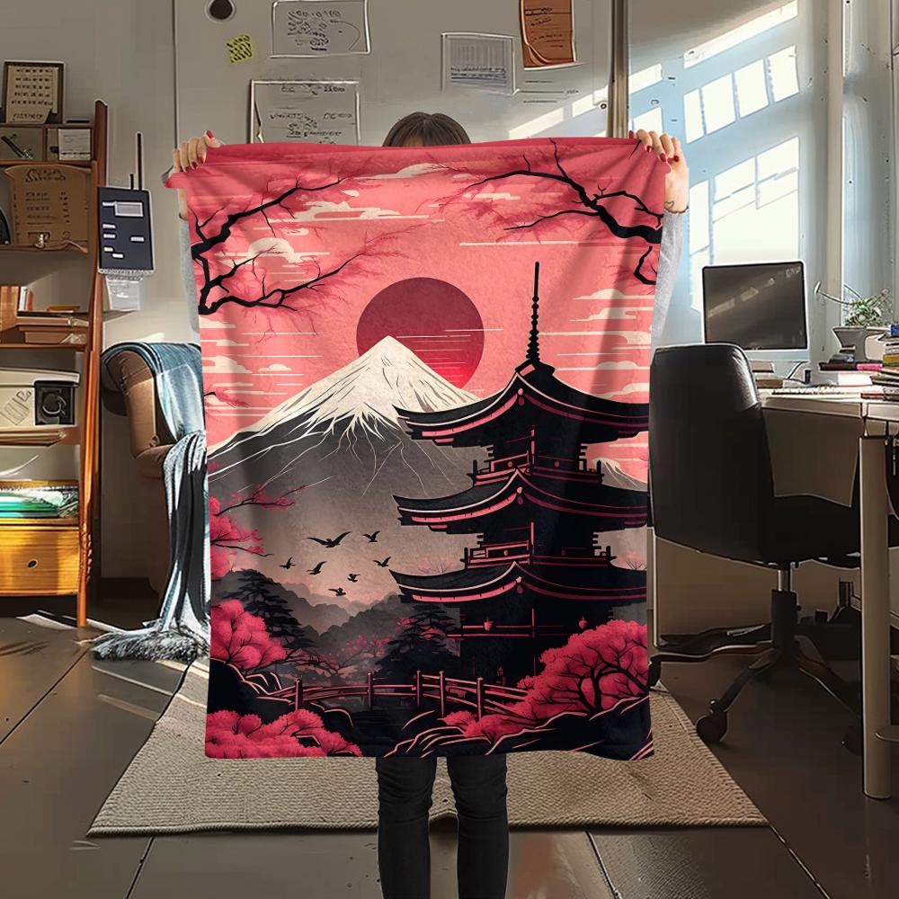 1Pc Japanese Pattern Print Flannel Blanket, High Quality Comfortable for All Seasons, Home Decor, Warmth and Comfort, Perfect for Christmas Gifts